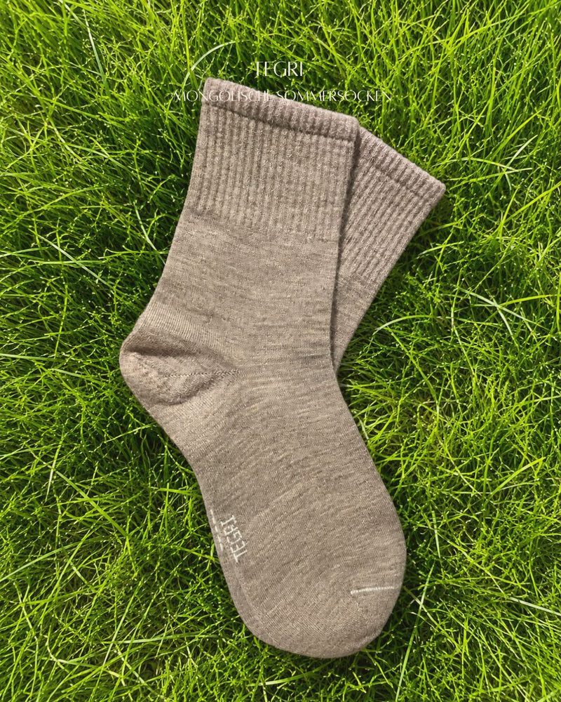 Wollsocken, Comfort Fit Lang, Mongolische Wolle, Naturgrau, Sommersocke, auf der Wiese